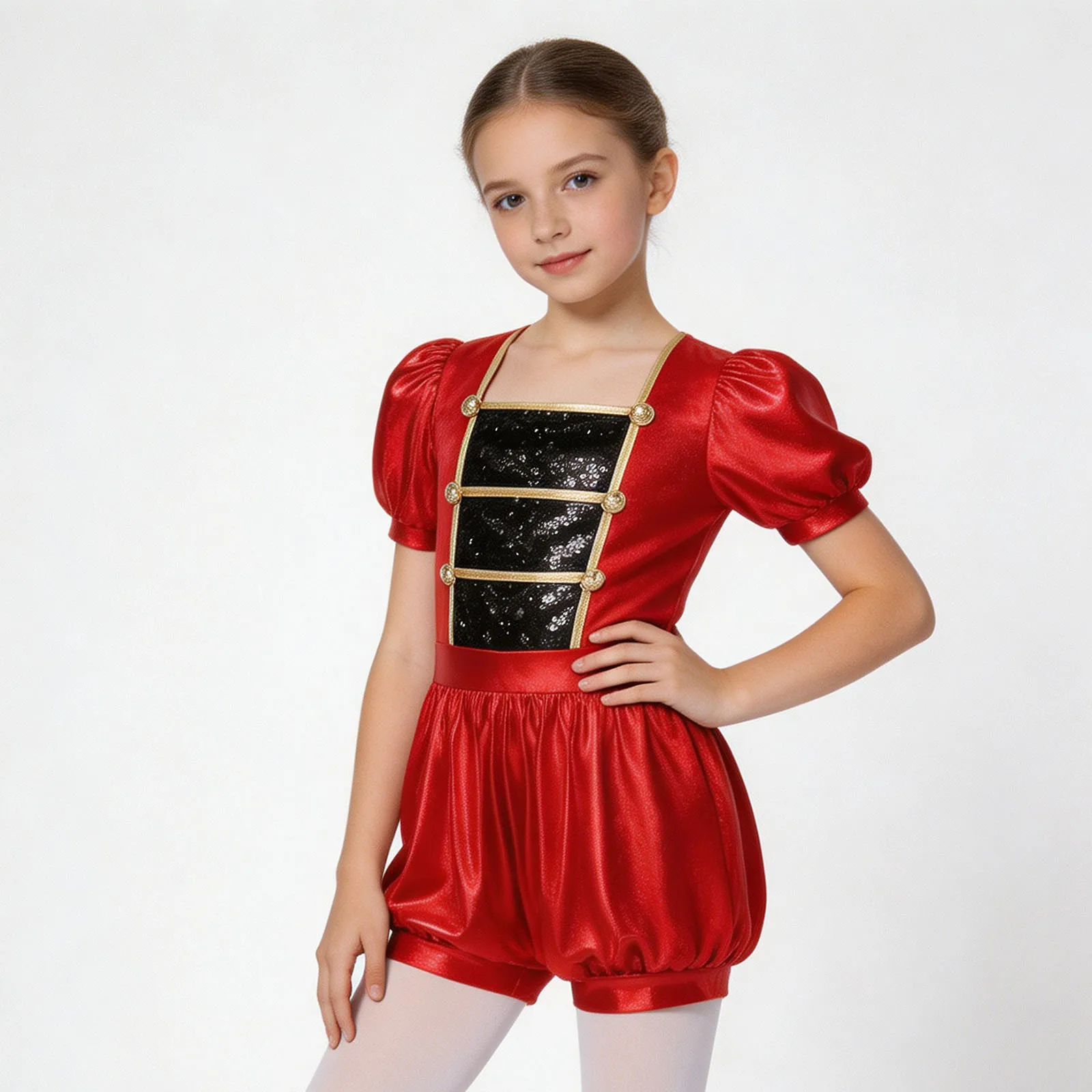 Girls Circus Costume Ringmaster Jumpsuit Shiny Sequins Short Puff Sleeves Metallic Zipper Bodysuit Halloween Lion Tamer Rompers