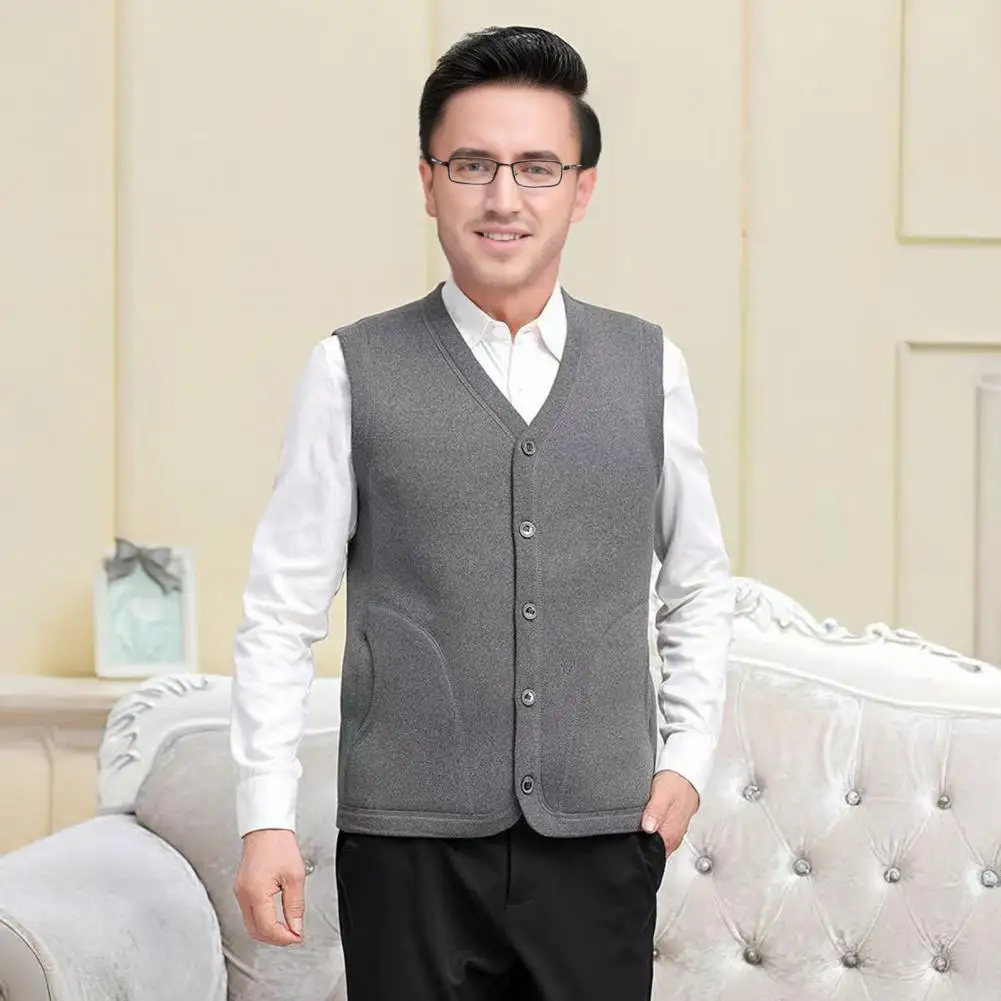 Men Waistcoat Men's Sleeveless Vest Coat with Pockets Thickened Velvet Lining Waistcoat Coldproof Single-breasted Solid Color