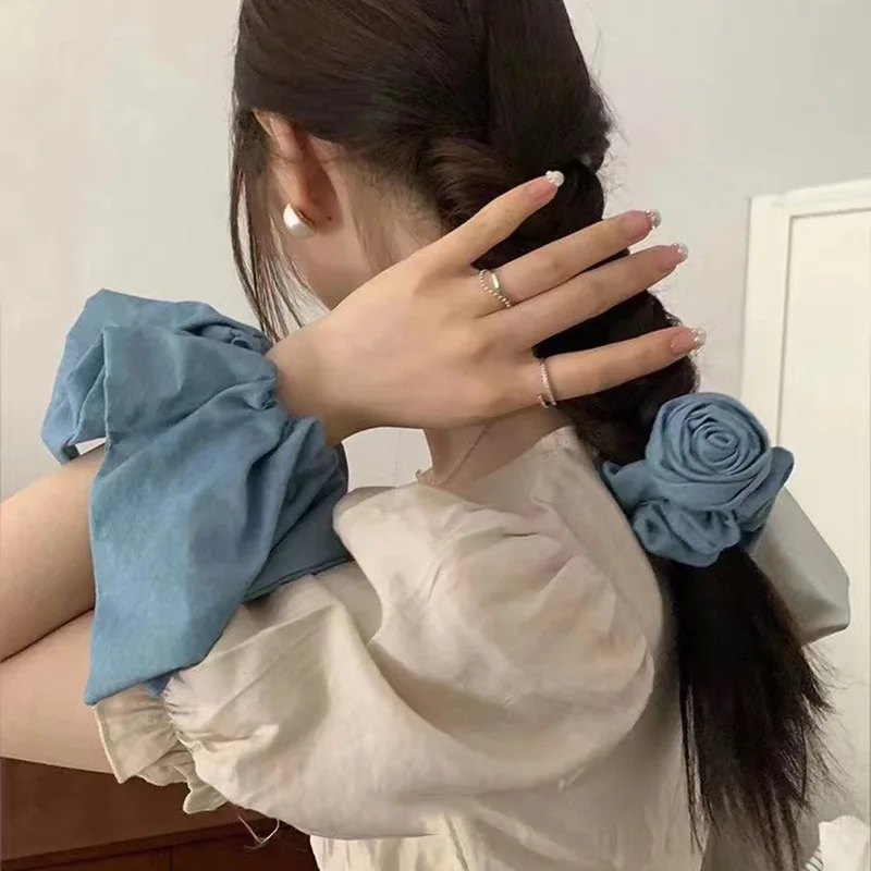 Korean Blue Denim Flower Hair Rope Solid Color Hair Tie Elastic Hairband Elegant Ponytail Holder Rubber Girls Hair Accessories