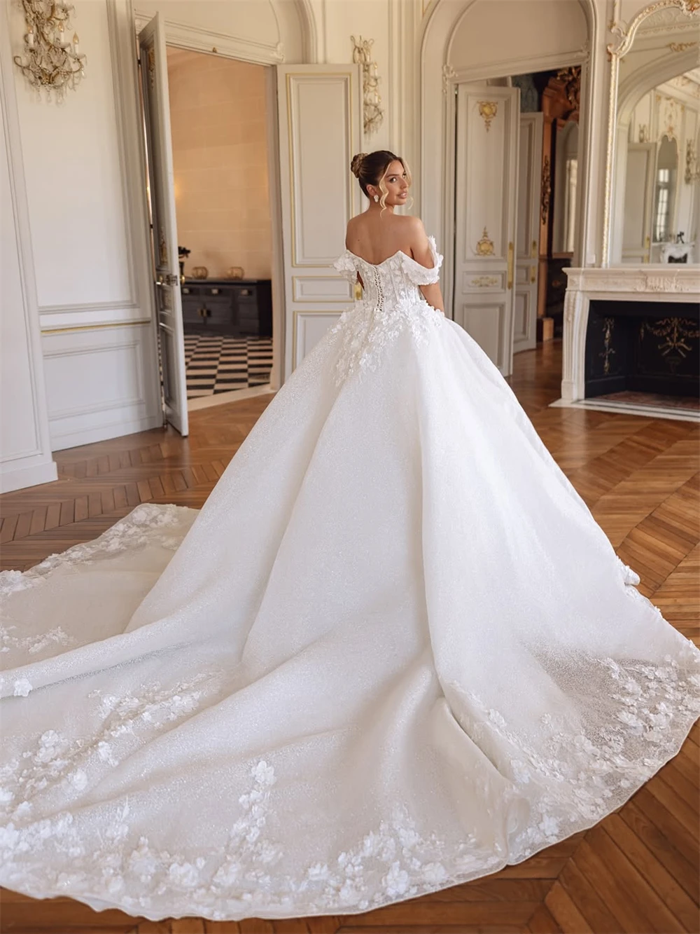 تخصيص مثير الأبيض الأورجانزا فستان الزفاف بوهو الحبيب قبالة الكتف فستان زفاف لينة ألف خط ذيل شابيل رداء دي mariée