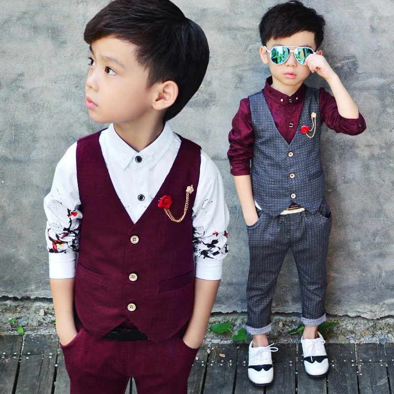 Wedding Suit for Boys Children Vest + Pants 2 Pieces Formal Suit Red Gray Boys Spring Summer England Style Kids Blazer Suits