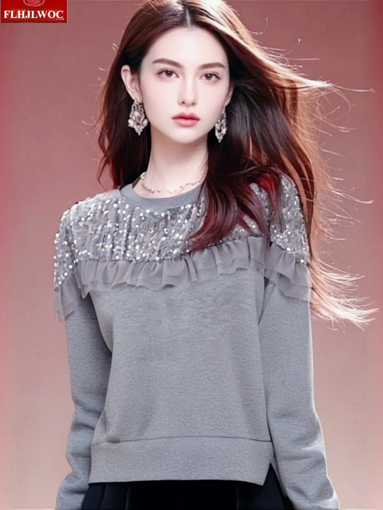 Casual Hoodies Pullovers New Year Fashion Woman Winter Spring Long Sleeve Ruffles Bling Sequins Top Short Hoodie Sweatshirts