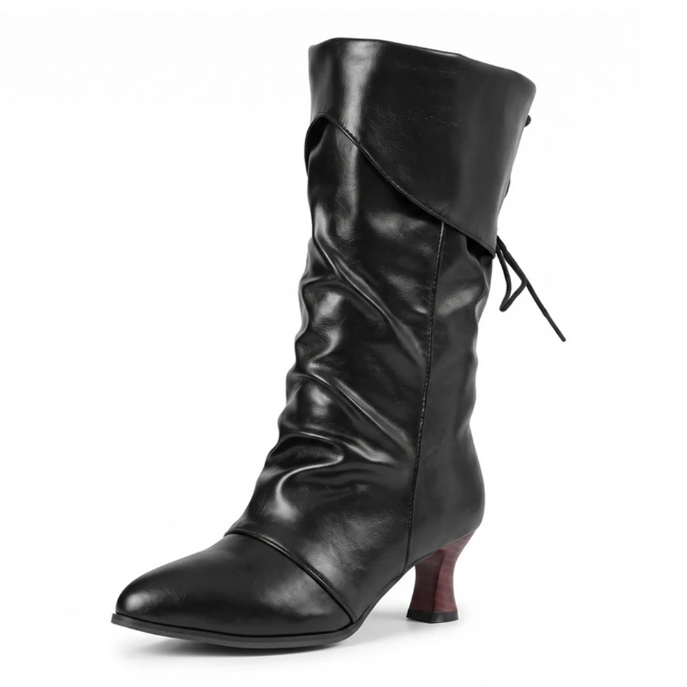 Women Mid‑Calf Boots 32‑50 Large Size Shiny PU Leather Kitten Heel Pleated Back Tie Fashion Women Boots 7746