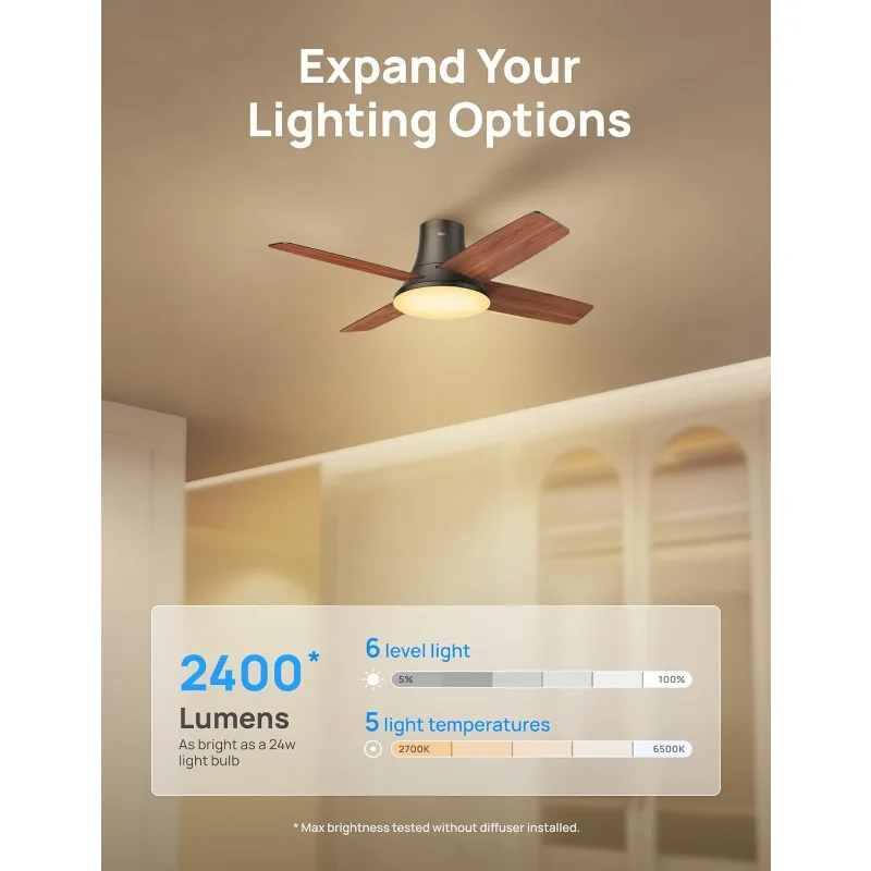 Dreo Ceiling Fans with Lights,44'' Low Profile Ceiling Fan with Remote Control 6-Level Dimmable Lighting & 5-Color Tone,6 Speeds