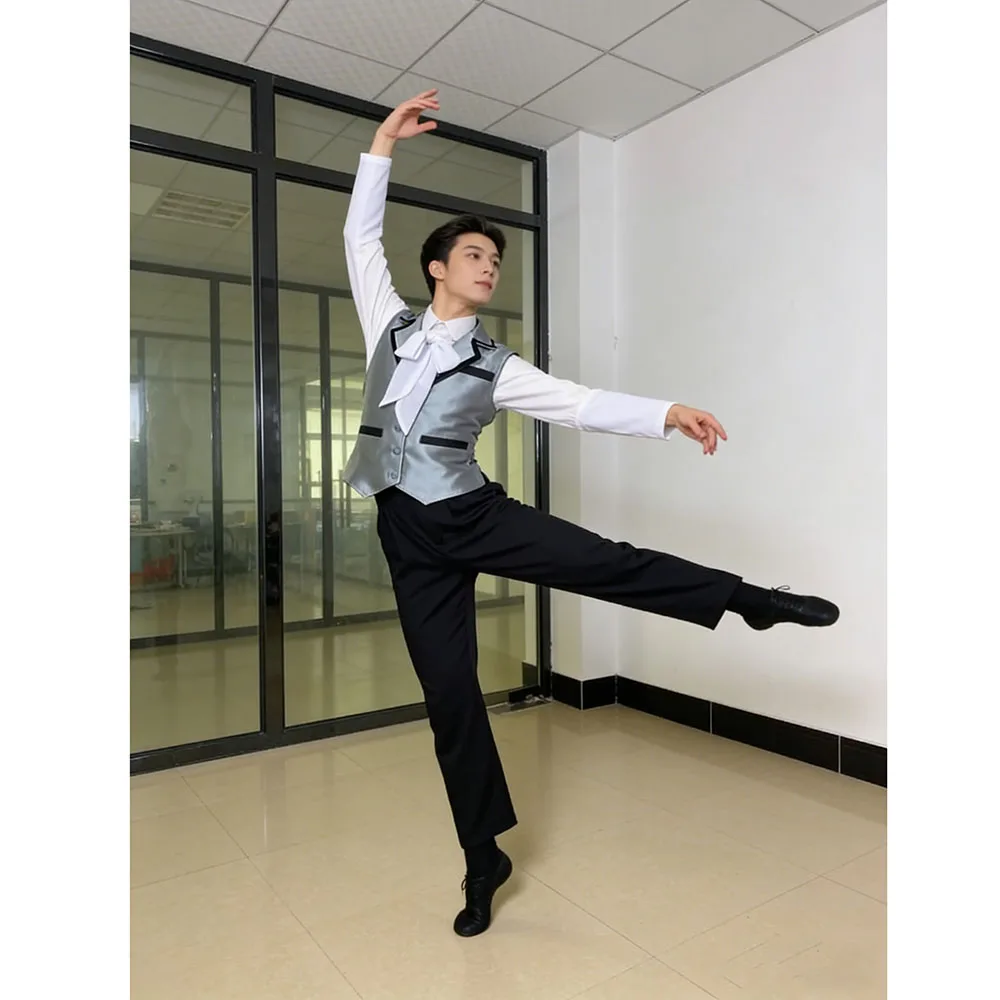 

New Arrival Men Ballet Shirt Vest Trousers Outfit Three Pieces,Custom Made Host Prince Long Sleeve Modern Dance Top Or Pants