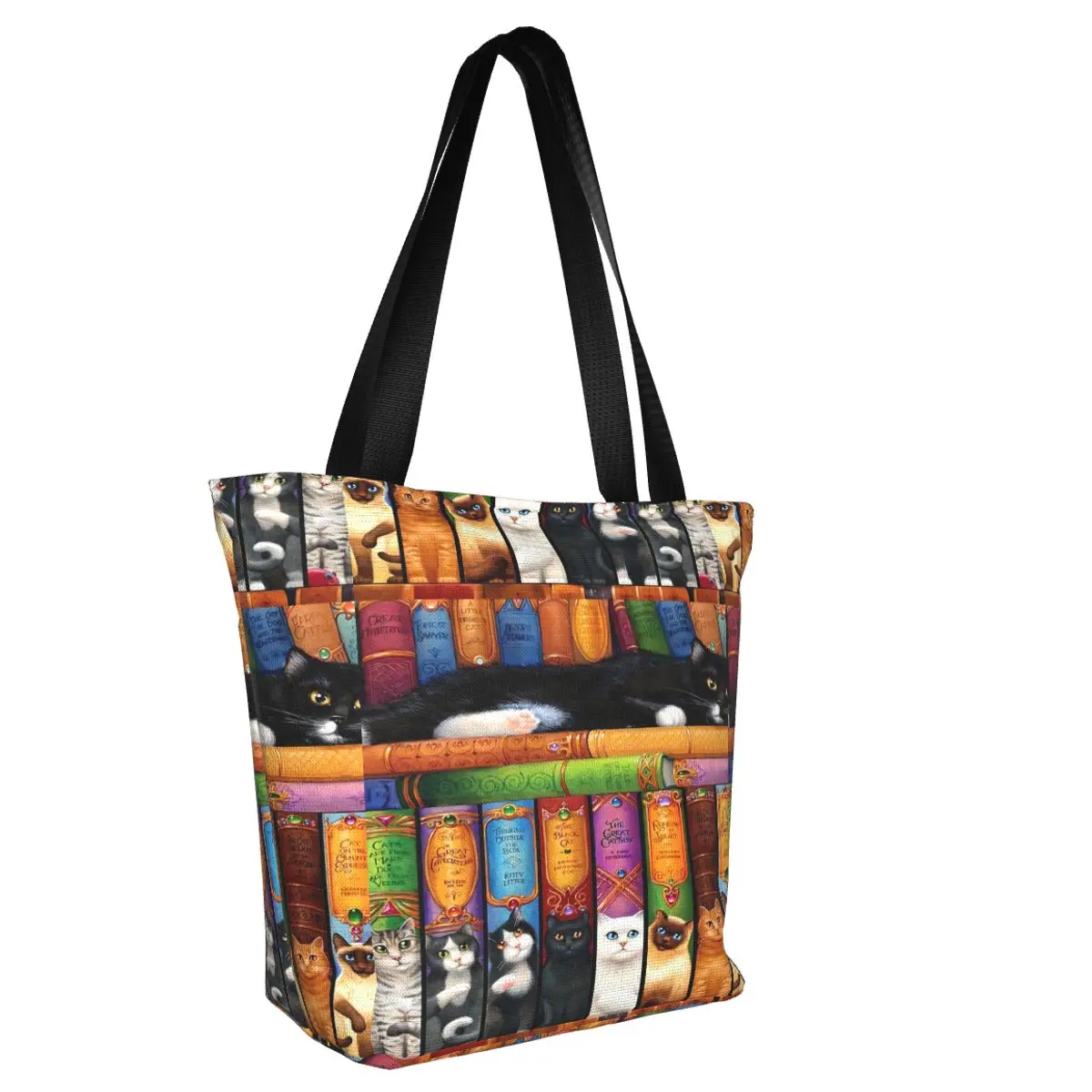 Library Cats And Books Shopper Bag Animal Handbags Lady Print Tote Bag Elegant Cloth Work Shopping Bags