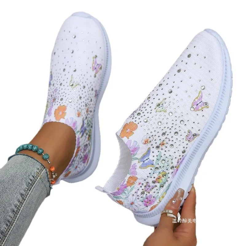 Scarpa singola con strass stampati oversize Low Top per donna con scarpe da ginnastica da donna con tomaia in rete intrecciata traspirante