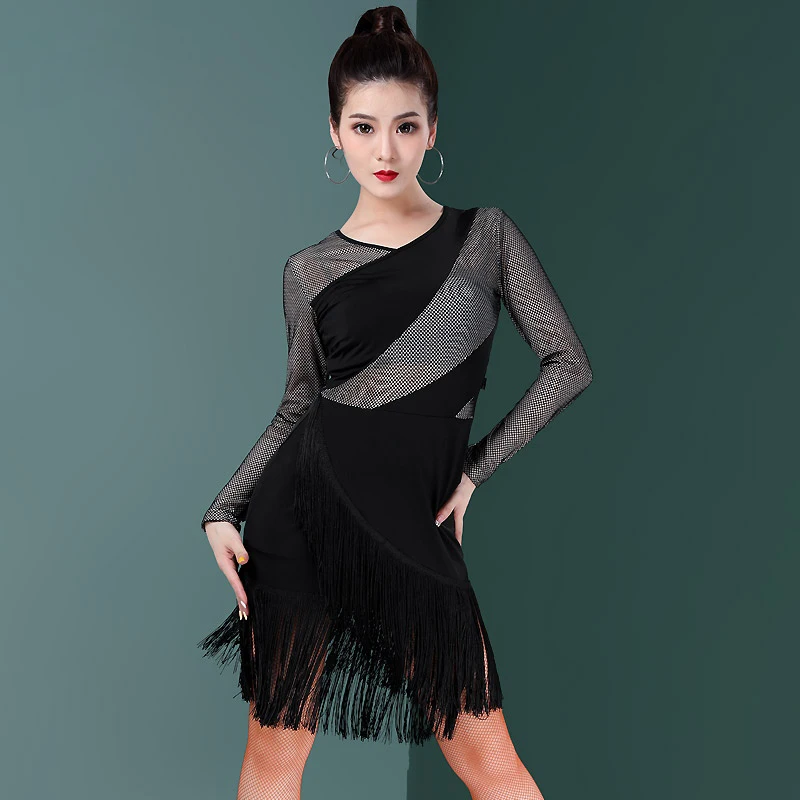 Tassel Women\'s Colorblock Line Dance Skirt Female Sexy Sequin Waltz Dance Skirt Plus Size Fringe Dress Wear Suit Clothing Latin