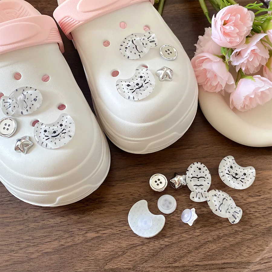 8 Pcs/set Transparent Resin Cartoon Cat Fish Croc Shoe Charms Star Button Detachable DIY Shoe Decorations Funny Accessories K