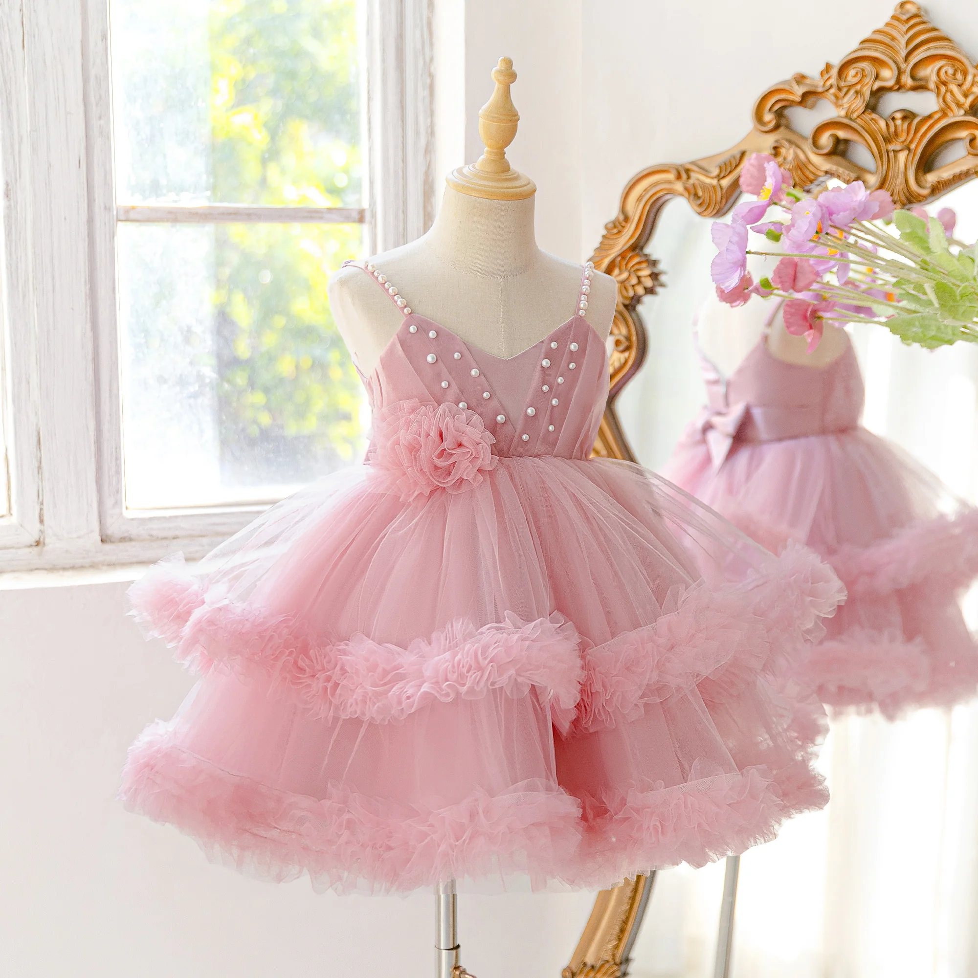 Elegantes Blumen-Partykleid für Mädchen, formelles Tüllkleid für Geburtstag, Hochzeit, Prinzessinnen-Ballkleid, Mädchenkleid mit Schleife, Brautjungfernkleid, Klavier-Abendkostüm – Detail 2