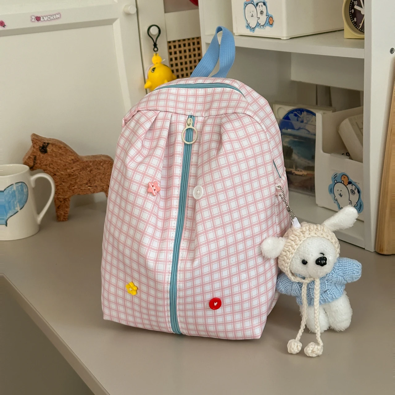 Cute Plaid Canvas Backpack Sweet Colorful Buttons Decor School Bag Casual Light‑weight Travel Daypack Women Girls Small Backpack