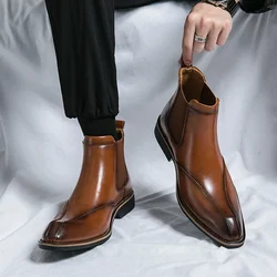 Nowa brązowa Chelsea Boots dla mężczyzn w kształcie kostki biznesowy z kwadratowym noskiem męskie buty rozmiar 38-45