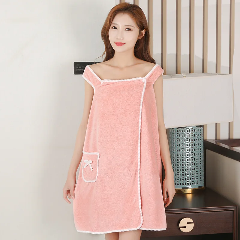 Wearable Soft Absorbent Bath Towel Dress Thickened Coral Fleece Camisole Robe Quick Drying Wrap Towel for Shower