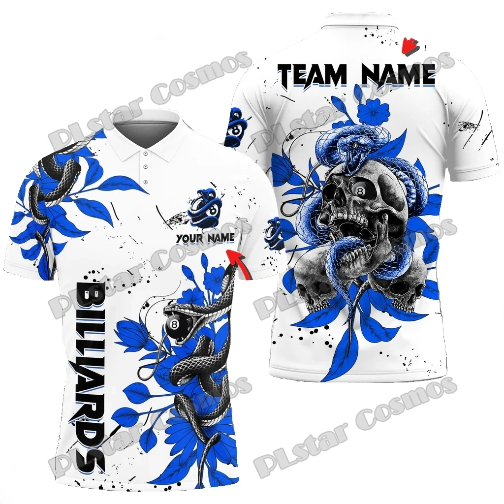 Billiards Snake Skull And Flower Multi Color Personalized Name 3D Printed Men's Polo Shirt Summer Unisex Casual Polo shirt WK190