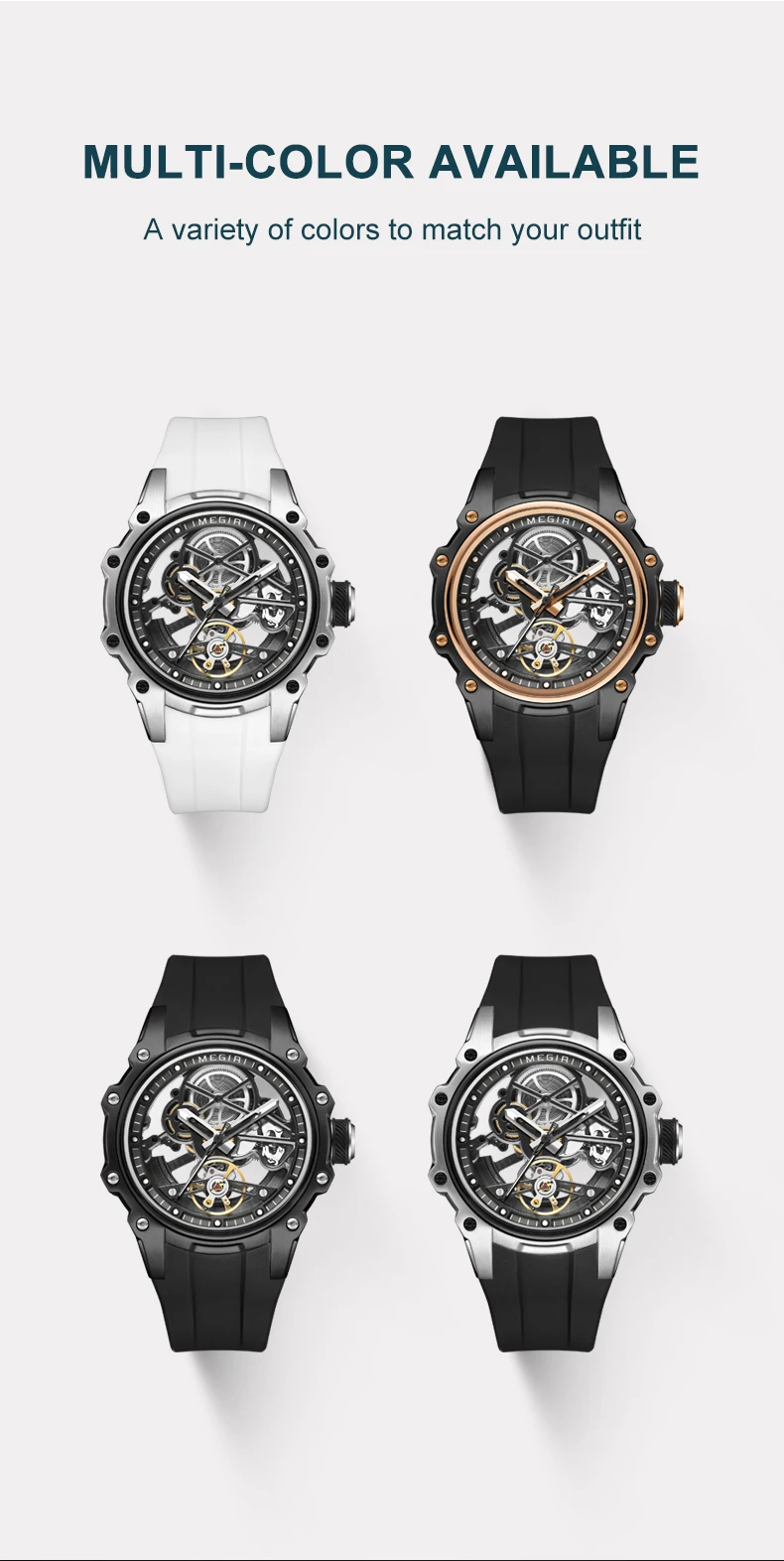 MEGIR Skeleton Dial Automatische Mechanische Uhr Männer Edelstahl Gehäuse Wasserdicht Leuchtende Sport Armbanduhr mit Silikon Armband – Detail 8