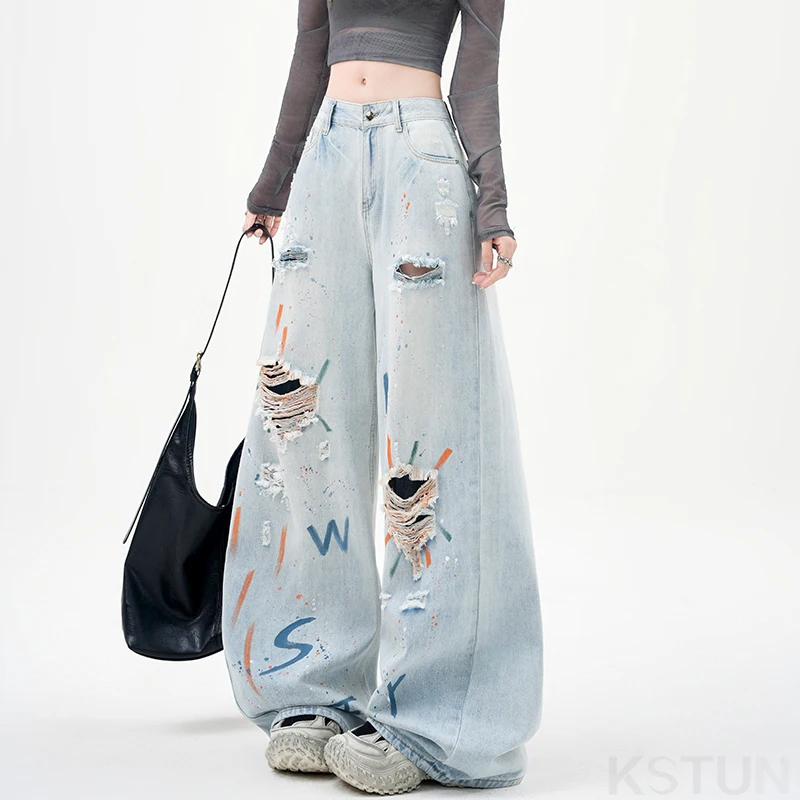 جينز نسائي صيفي متعثر موضة 2026 من KSTUN جينز هيب هوب ممزق بأرجل واسعة ملابس خروج مفرغة بنطال بتصميم مرسوم للفتيات الساخن #2