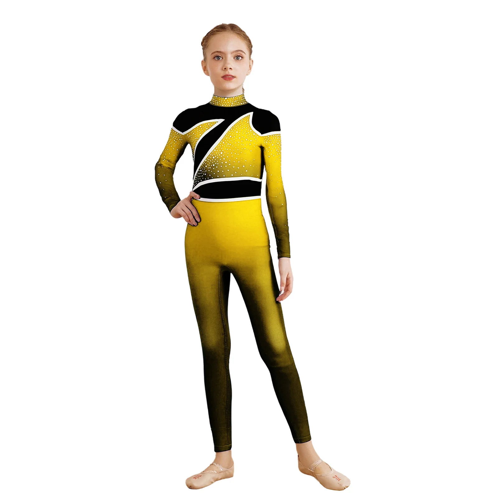 

Детский гимнастический костюм для девочек, комбинезон с градиентом и цветными блоками, трико с замочной скважиной и длинными рукавами, боди с блестящими стразами