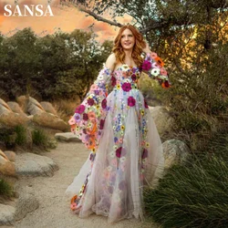 Sansa Flowers Lace Appliques فساتين السهرة Strapless A-line Tulle Vestidos De Noche Pagoda Sleeves Lace-up Back Prom Dresses