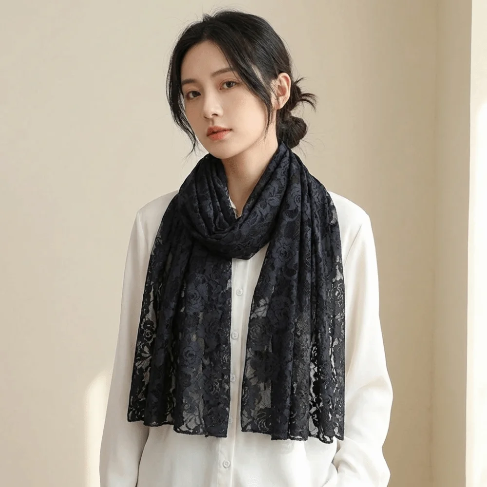 

Elegant Rose Lace Shawls Hollow Out Sheer Long Wrap Sunscreen Solid Color Evening Dress Scarf Belly Dancing Belt