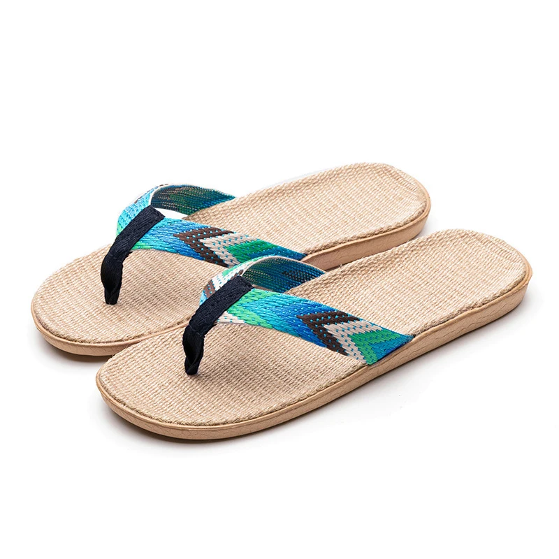 YNPO Herren Leinen-Flip-Flops mit Streifenband, flache EVA-Sandalen, rutschfeste Leinen-Slides, Hausschuhe, lässige Stroh-Strandschuhe für Herren – Detail 5