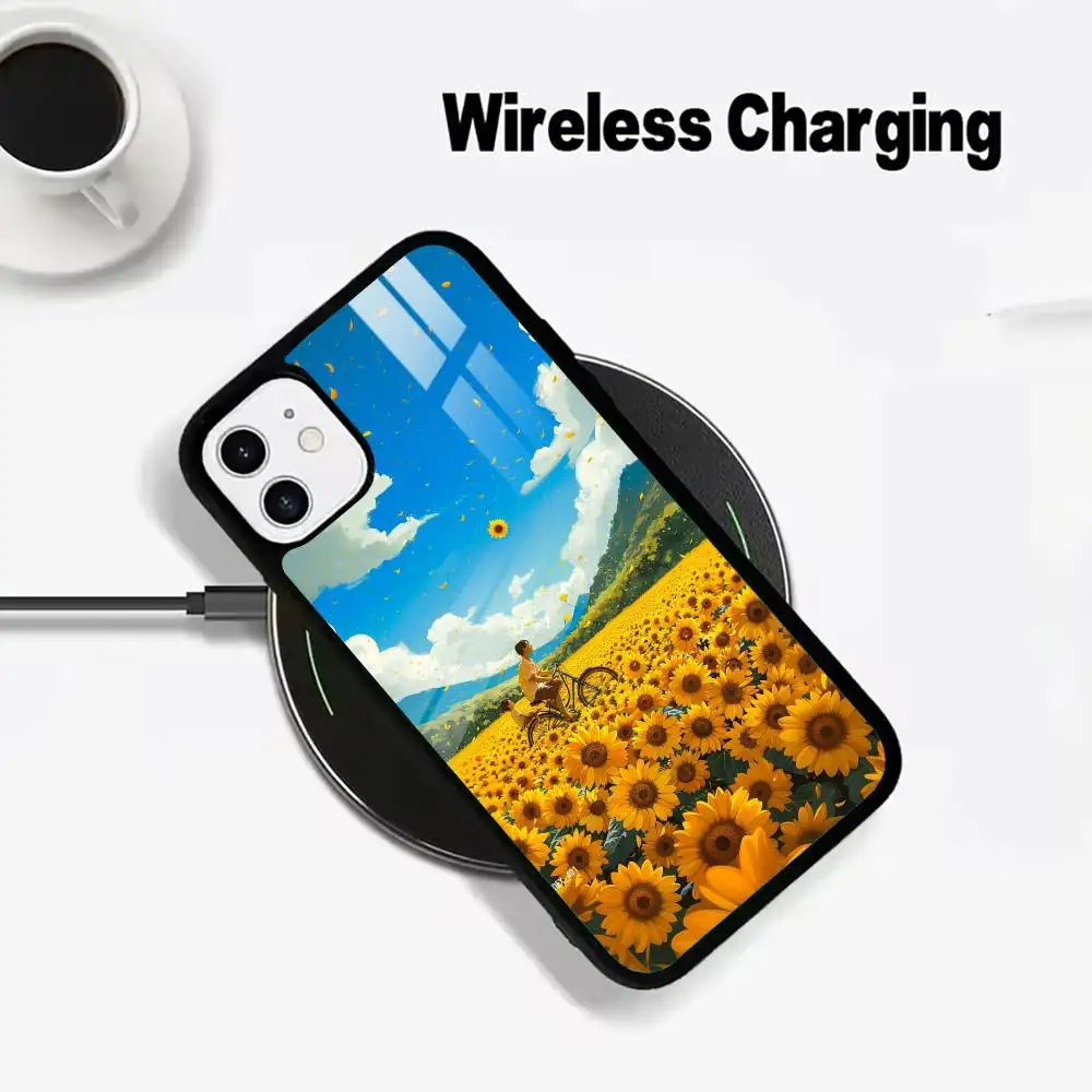 Sunflowers Printed Matte Wireless charging phone case compatible with iPhone 17/16/15/14/13/12/11