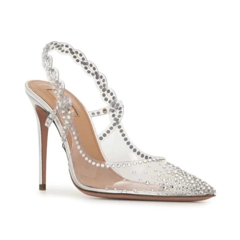 New Summer Women's High-heeled Sandals with Pointed Transparent Rhinestone Heels, Silver Stilettos, One-strap Back Sandals