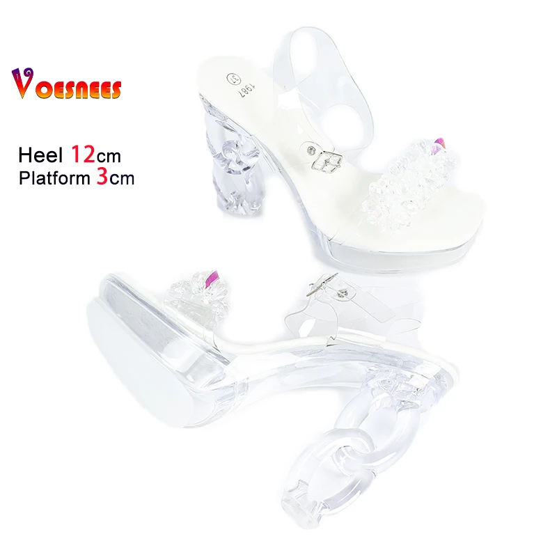 Crystal Transparent Shoes 12CM Clear Heels Fashion String Bead Summer Square Toe Party Sandals For Women In Buckle Strap White