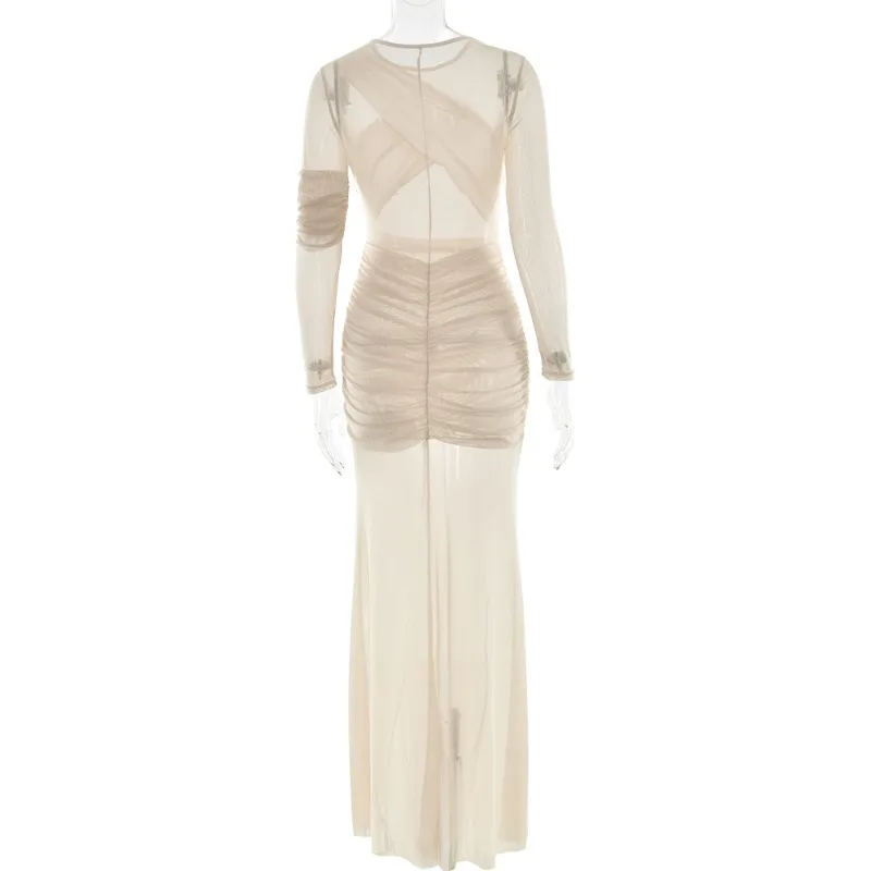 Ruched Cross See Through Mesh Bodycon Maxi Dress 2025 Autumn Women Sexy O Neck Full Sleeve Slim Night Club Party Long Robe