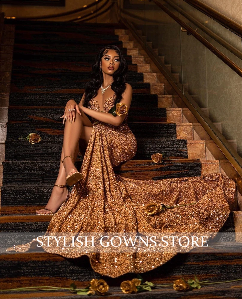 Champagne Long Prom Dress For Black Girls 2024 Sparkly Birthday Party Dresses High Slit Evening Gowns Mermaid Robe De Customized