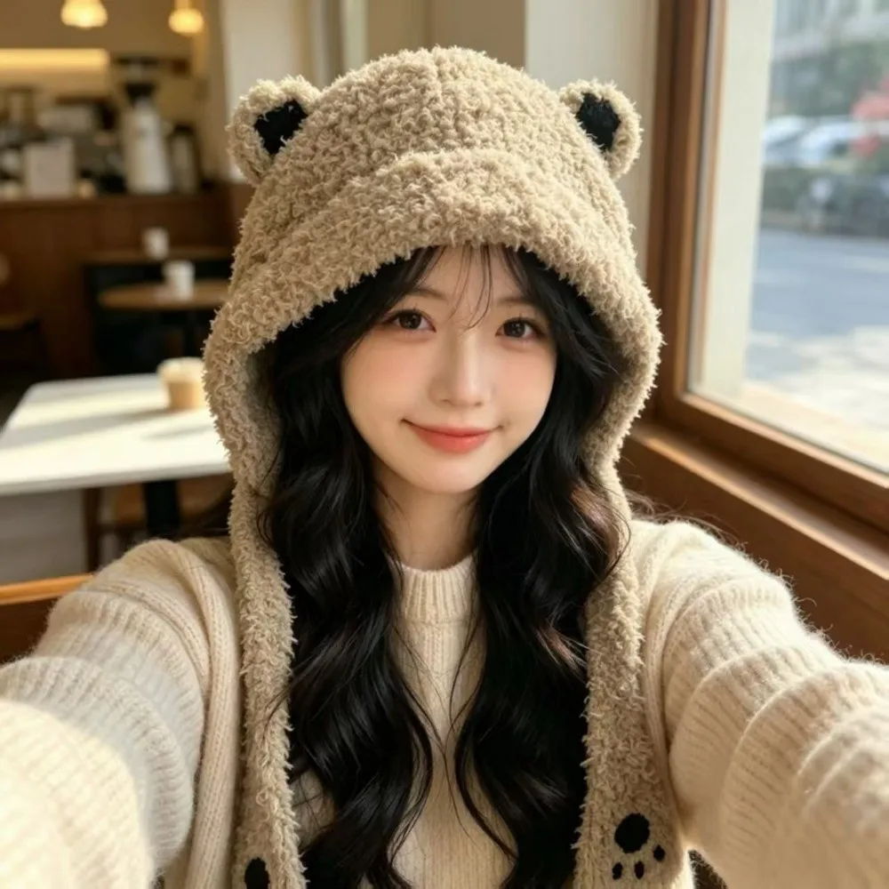 Polyester Trapper Hat Korean Style Paw Print Pattern Thick Bear Ear Hat Ear Protection 54cm To 62cm Ear Flap Hat Cold Weather