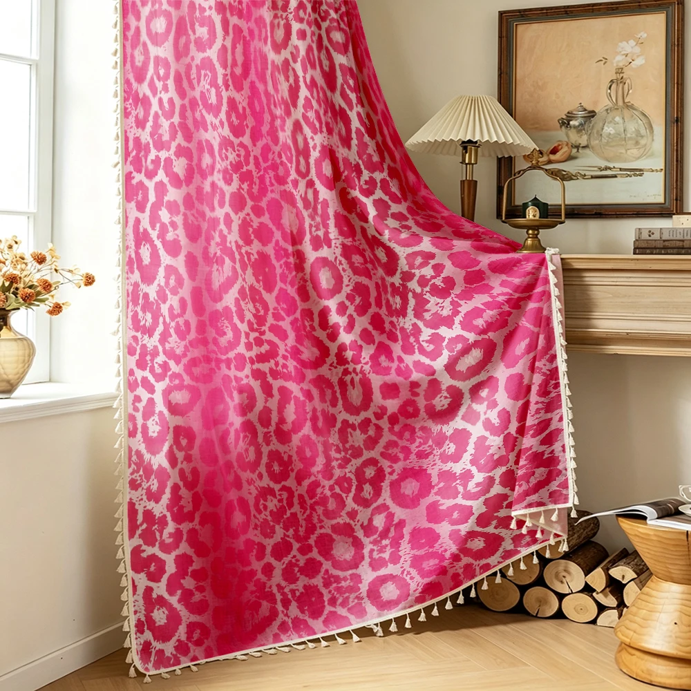 1PC Animal Print Tassel Sheer Curtains, Pink Gradient Leopard Spots, Digital Print, Linen Polyester, Living Room Bedroom Decor