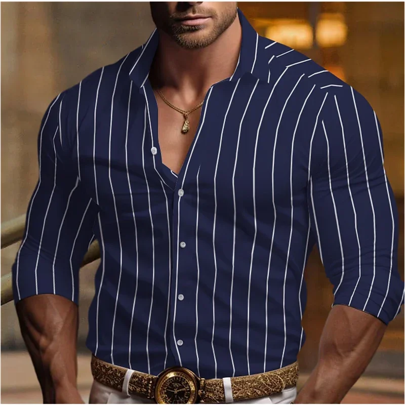 

2024 Men's Shirt Black and White Ruby Color Long Sleeve Striped Lapel Spring and Autumn Office Professional Large Size Shirt 6XL