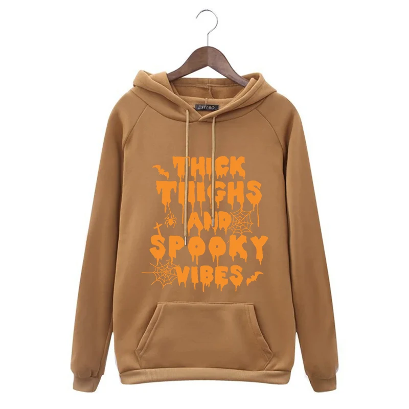 

Women's Fashion Hoodie Thick Thighs And Spooky Vibes Letter Print Hooded Sweatshirt Women Aesthetics Long Sleeve Female Pullover