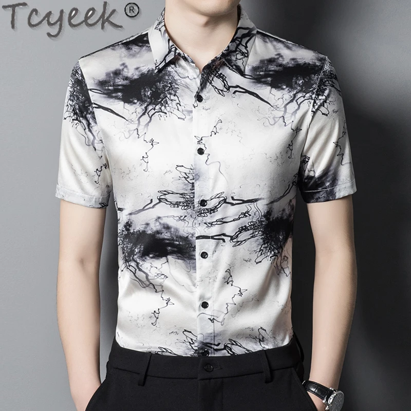 

Tcyeek 92.4% Mulberry Silk Mens Shirts Summer Clothes Business Casual Shirt for Men 2024 Fashion Short Sleeve Top Chemise Homme