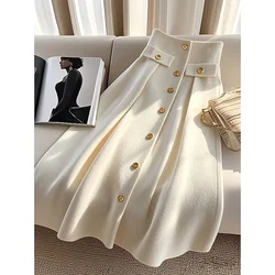 Fashionable Autumn Winter New Women Clothing A-line Skirt Ladies High Waist Buttons Fashion Corset Solid Color Elegant Skirts