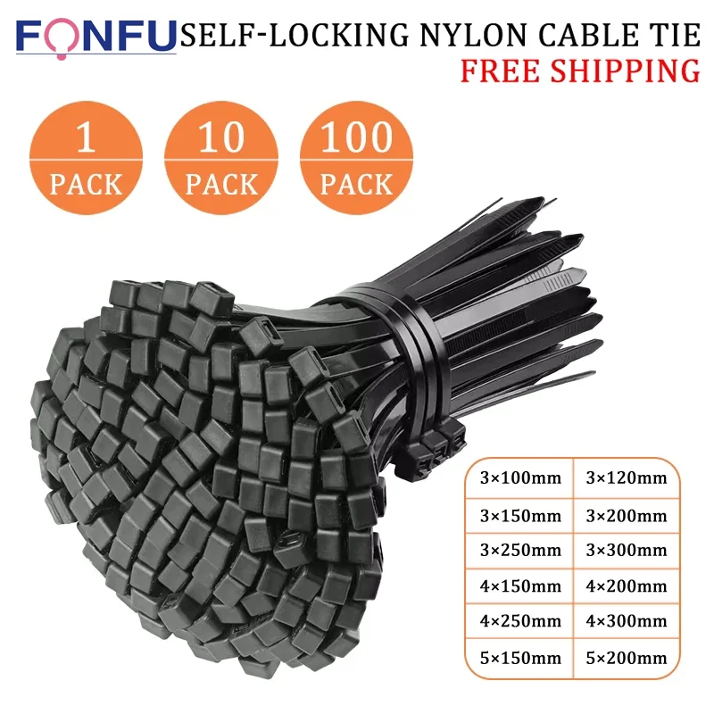 

250PCS wholesale Plastic Nylon Cable Ties 3*100mm 4*150mm 200mm 250mm 300mm Black Self Locking cable Wire Zip Ties wraps strap