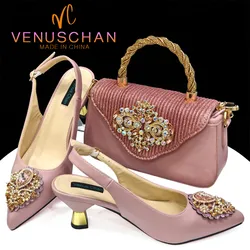 Venus Chan 2024 Nigerian Women's Pink High Heel Frosted Crystal Shiny Rhinestone Party Italian Design Pointed Shoes And Bag Set