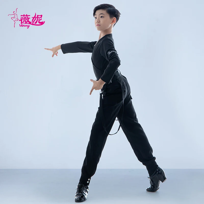 Vennystyle Abito da ballo latino Top da uomo con scollo a V e bretelle Set per spettacoli da sala Costumi da ballo da sala