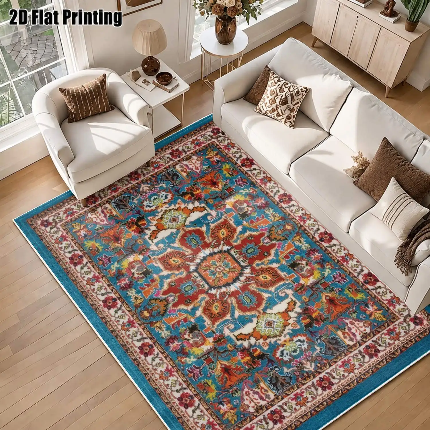 1Pc 2D Printed Velvet Carpet, Blue Base with Colorful Geometric Floral Pattern, European/Bohemian/Vintage Style, Home Decor, Multiple Sizes, Machine Washable, Multi-Scene Use