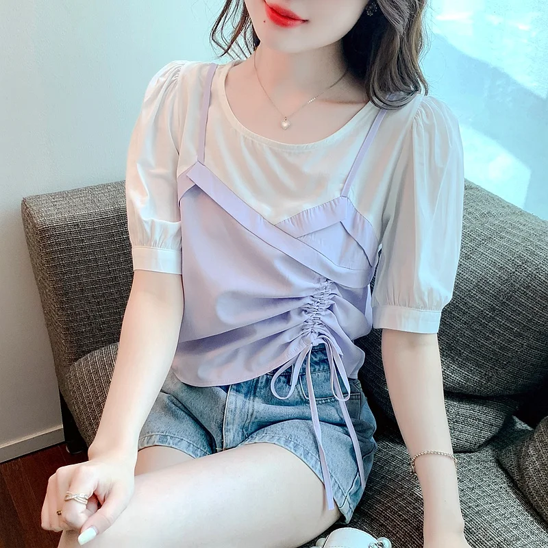 Purple Short Blouse Top Women's 2023 Summer Short Sleeve Fake Two-piece drawstring Chiffon Shirt Clothing