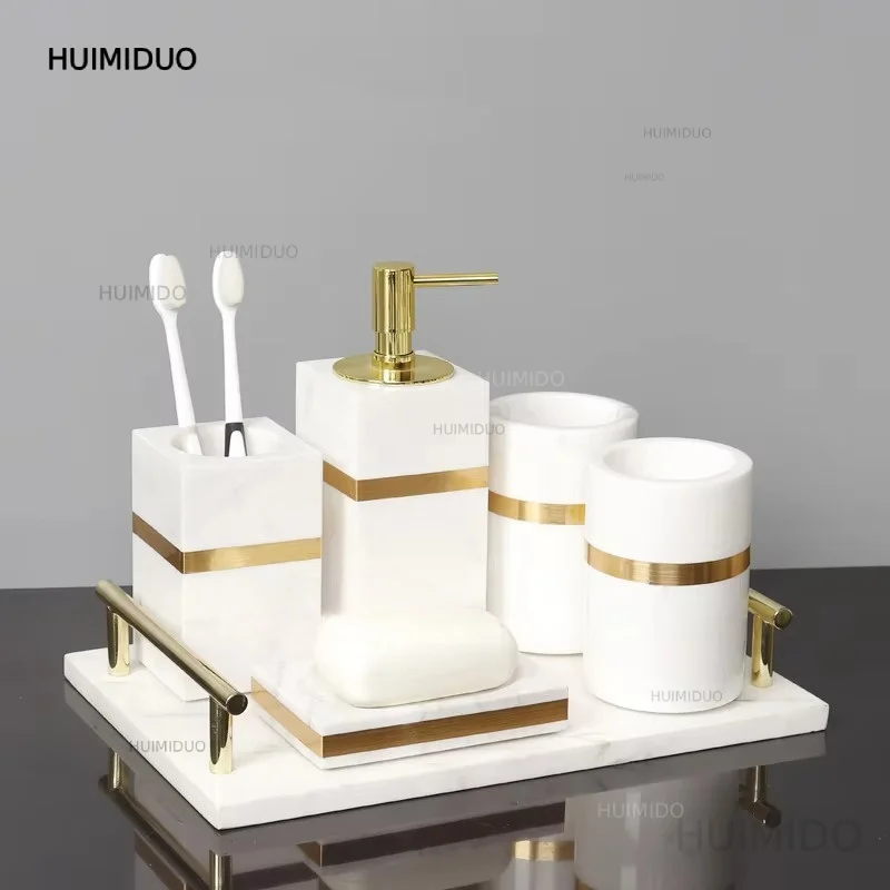 Volakos White Natural Marble Bathroom Accessories Golden Luxury Soap Dispenser Soap Dish Tray Tissue Box Bathroom Set
