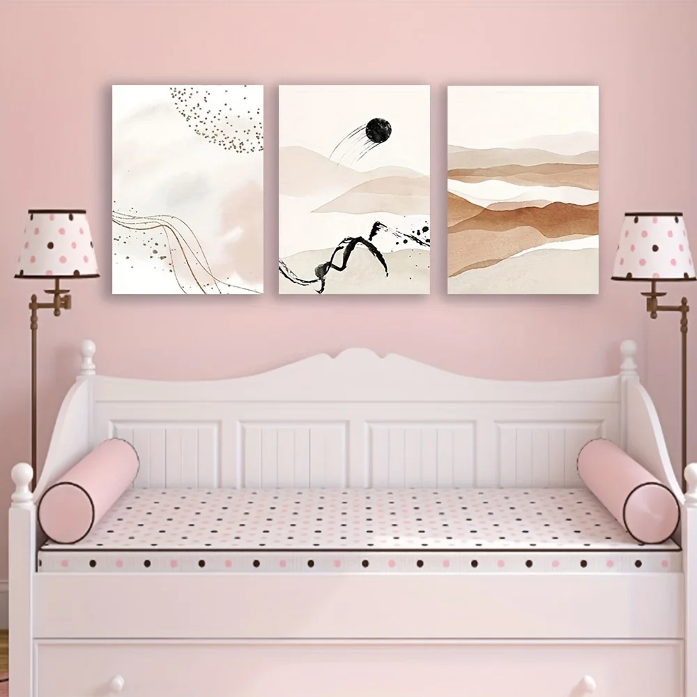 2D Flat 3pcs Unframed RVCKVS Watercolour Geometric Poster Abstract Canvas Painting Golden Pink Art Print Nordic Style Wall Pi