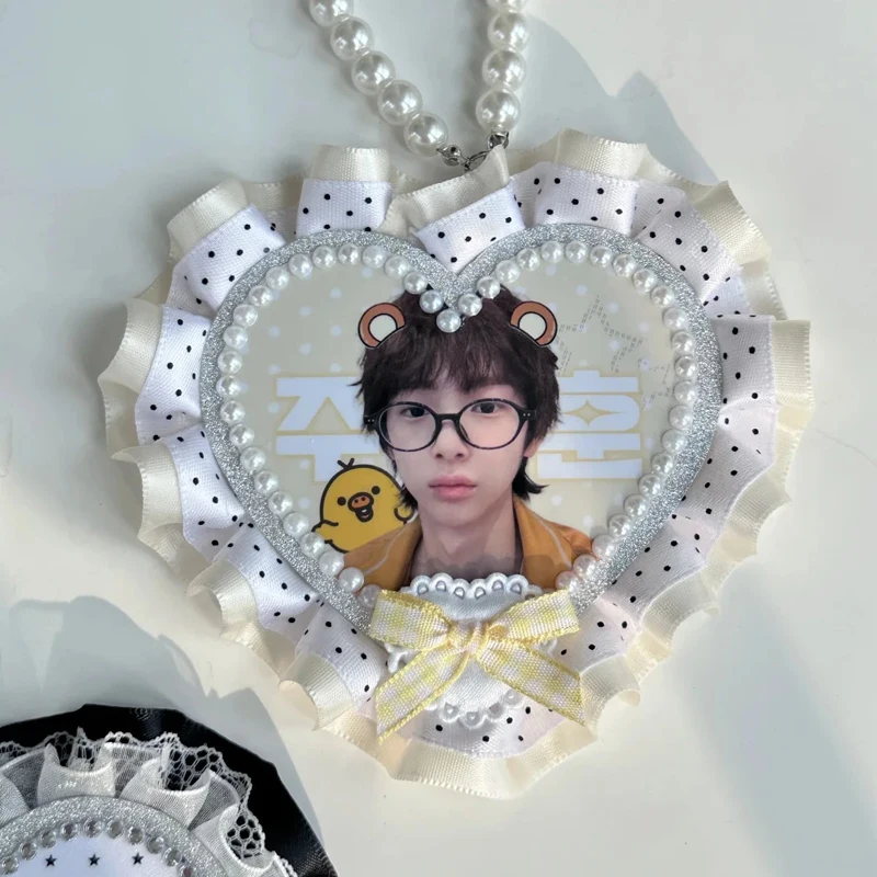 Customize Idol Keychain Handmade Celebrity Photo Charm Decorated with Pearls Lace Ribbon Unique Fan Gift Support Goods