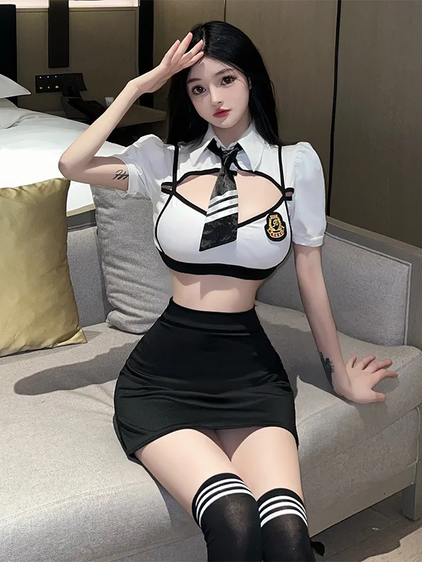 New Sexy Flight Attendant Sweet Girl  Uniform High Collar Hollow Out Short Sleeve Tight Fitting Wrap Hip Short Skirt Set  6H1I