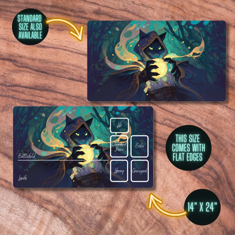 MTG Playmat with Zones, Cat Sorcerer Themed TCG Playmat, Vibrant Neoprene Card Playmat, Trading Card Game Accessories