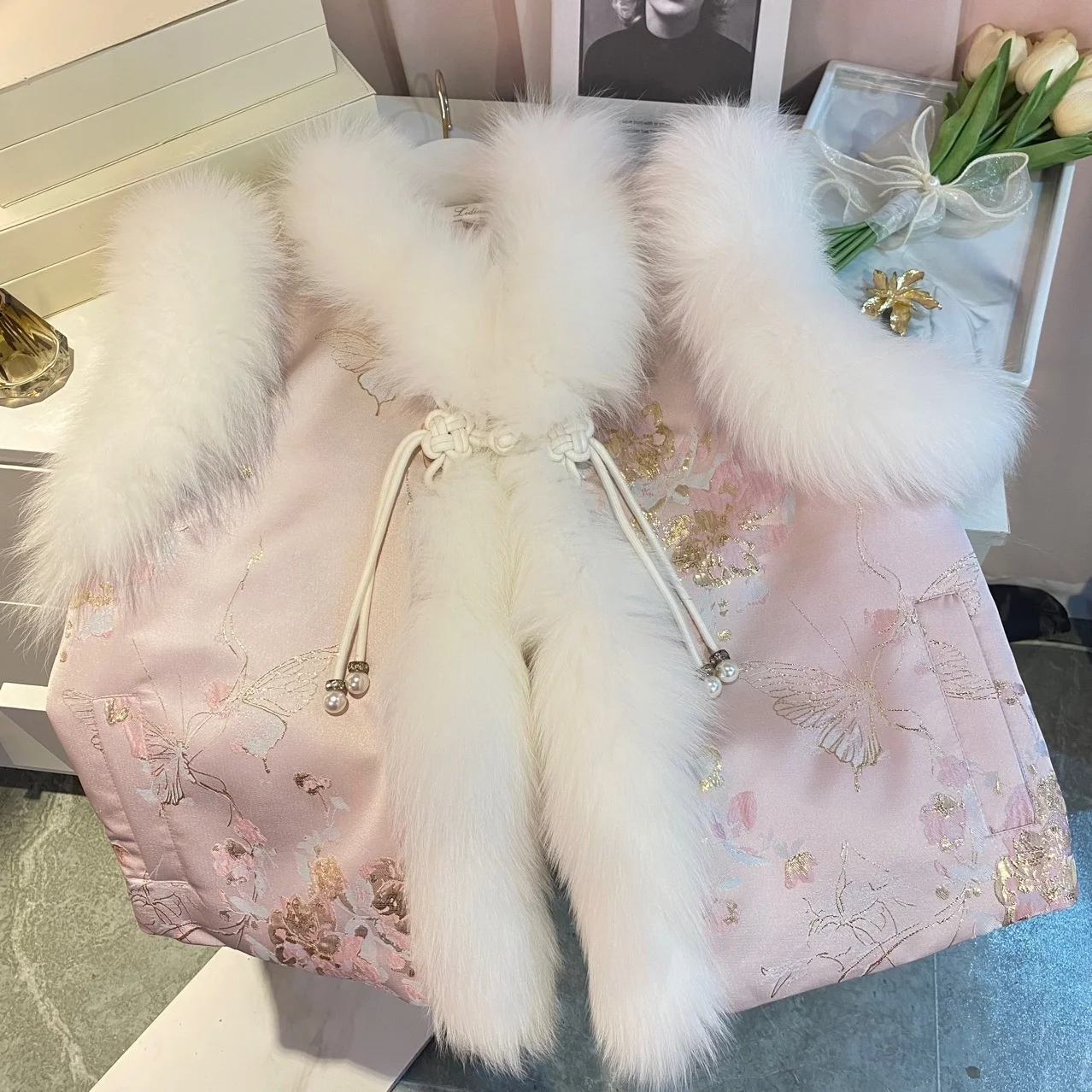

Spring 2025 New Sle Women's down Jaet Sweet Ladylike Fur Trimmed Patchwork Coat ort Commuter Sle No Brand