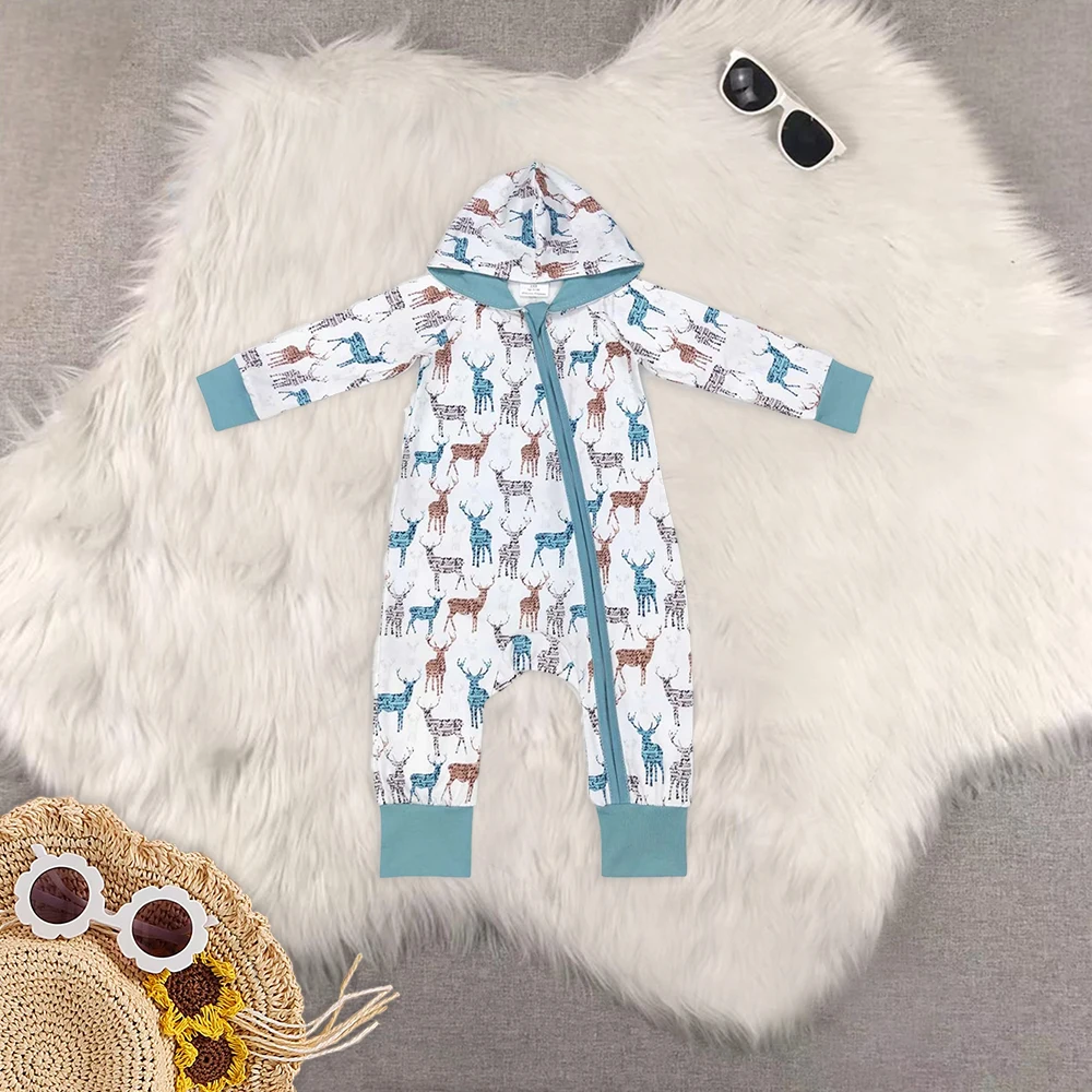 LR0702 Wholesale Summer kids clothes boys Cactus Brown Blue Hooded Zipper Long Sleeve romper Newborn Boutique boy baby rompers
