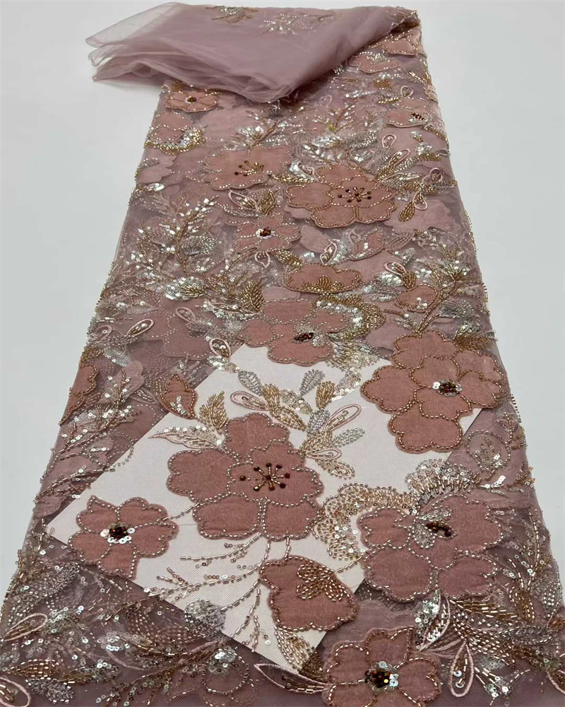 

Velvet Embroidered Sequins Lace Fabric, Nigerian Beaded for Wedding Dress, Luxury French Gown, 5 Yards