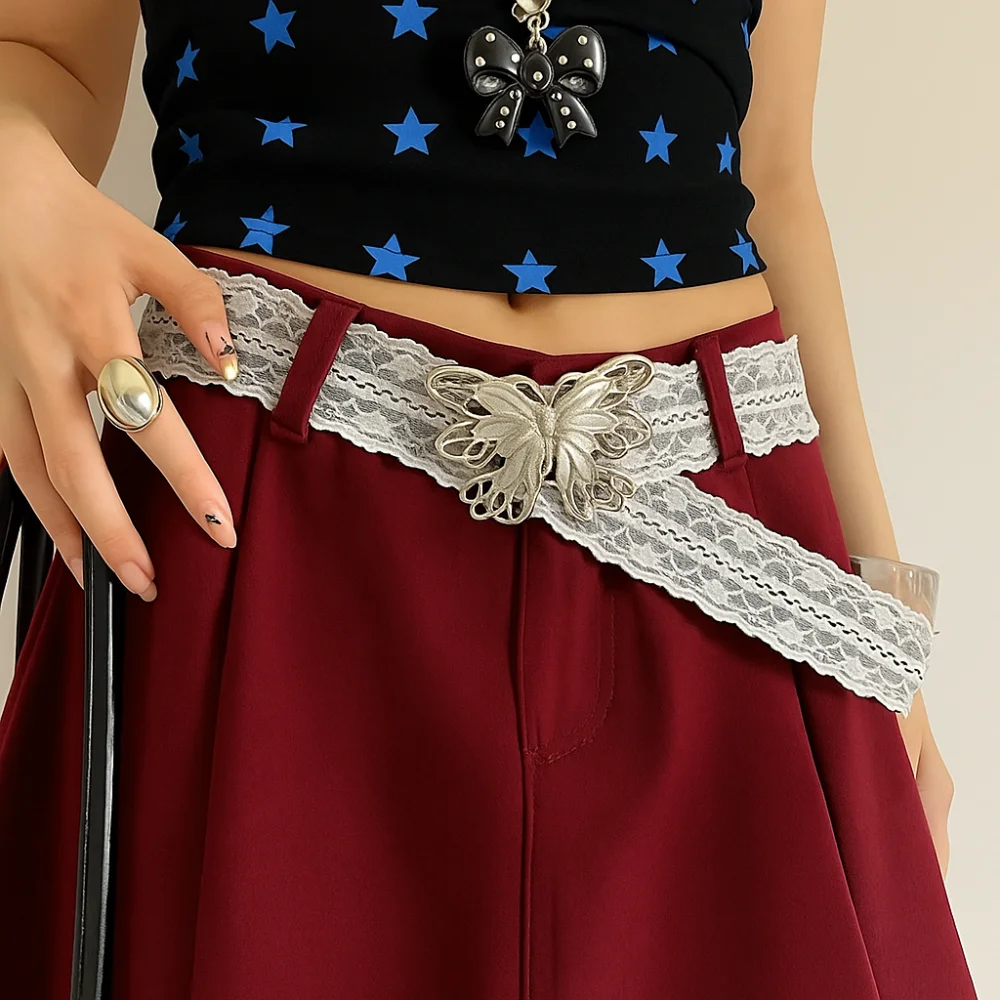 Cintura in pizzo stile coreano Ins Elegante cintura a farfalla dolce Abito vintage Y2K Cintura jeans Ragazze piccanti