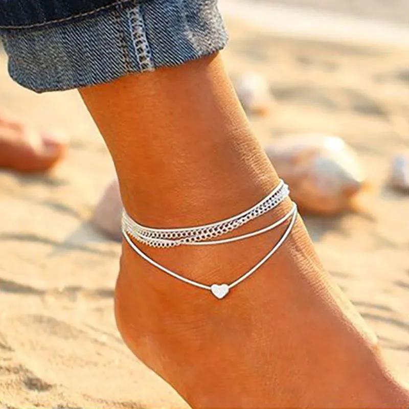 

Huitan Fashion Heart Anklet for Women Silver Color Hot Barefoot Sandals Bracelet Ankle on Leg Foot Accessories Wholesale Jewelry